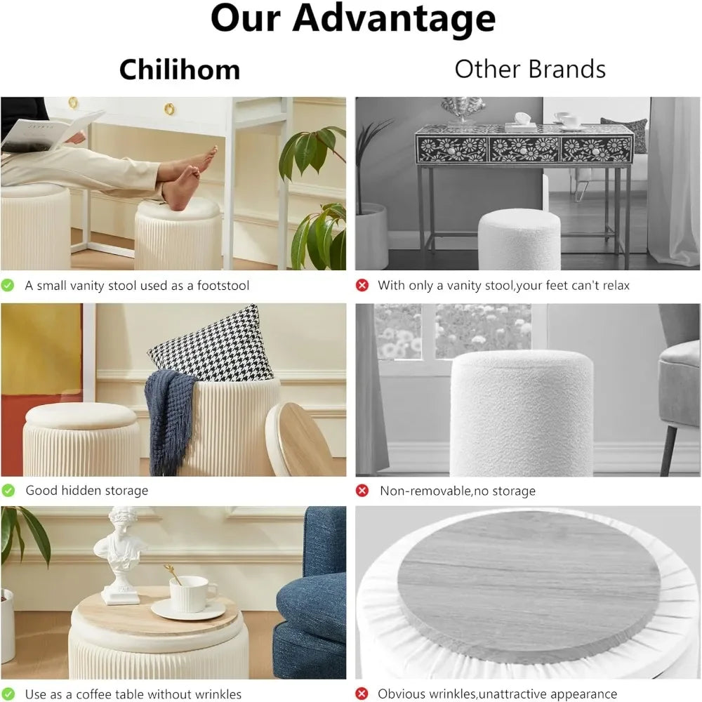 Round Ottoman with Storage Set of 2 Upholstered Velvet Vanity Stool Lines 300lbs Ottomans Multifunctional Beige Home Fusion