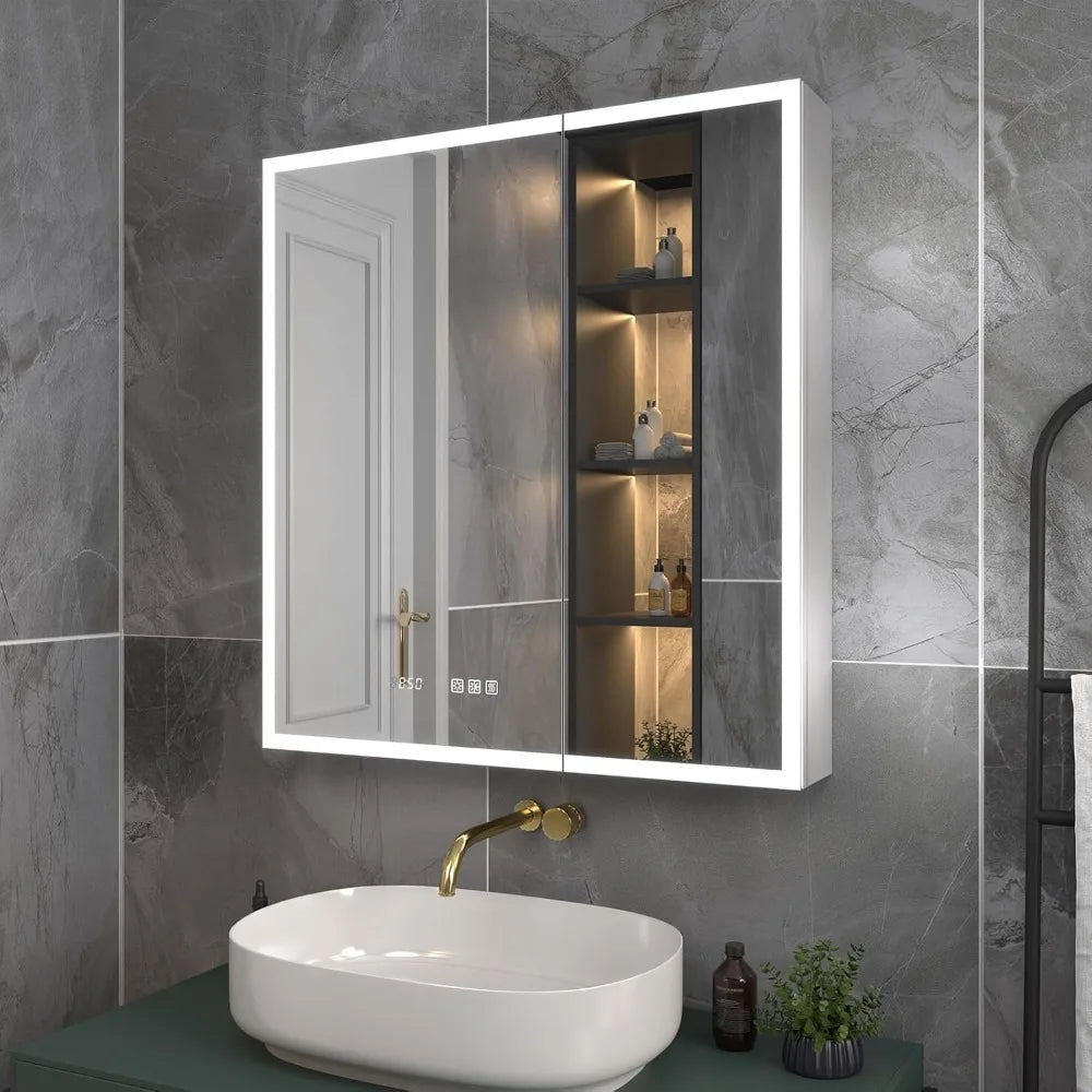 Lighted Medicine Cabinet 30x32 Inch,Recessed or Surface led Medicine Cabinet, Clock&Room Temp Display,Defog,Stepless Dimming