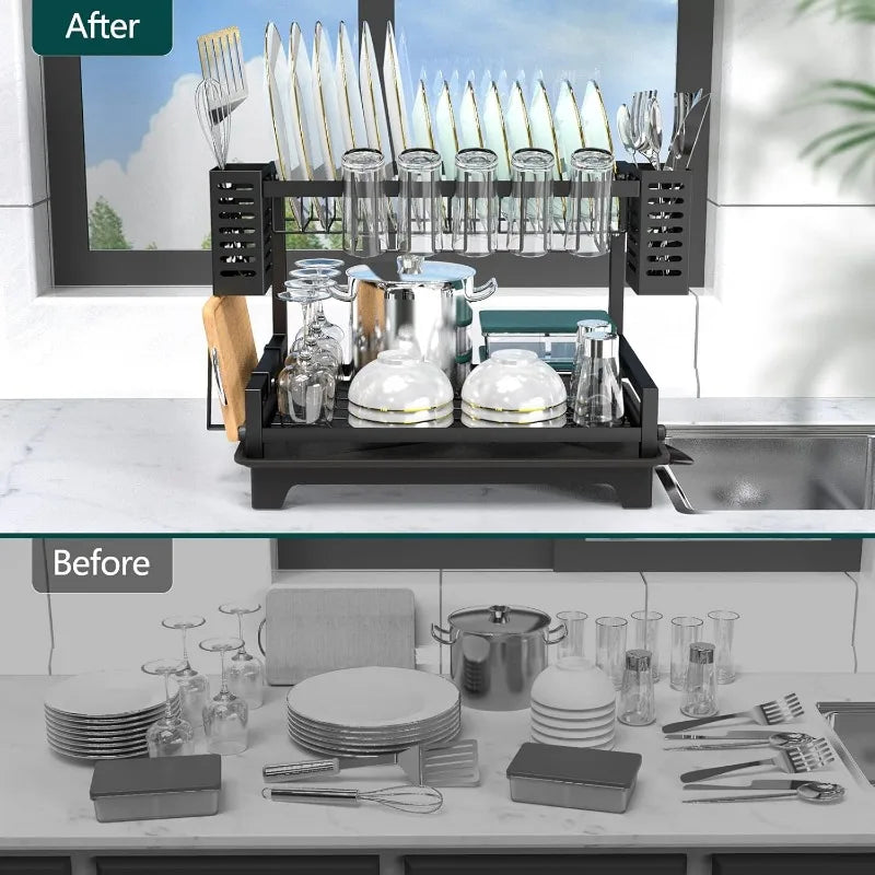 Dish Drying Rack for Kitchen Counter with Drainboard & Utensil Holders Home Fusion