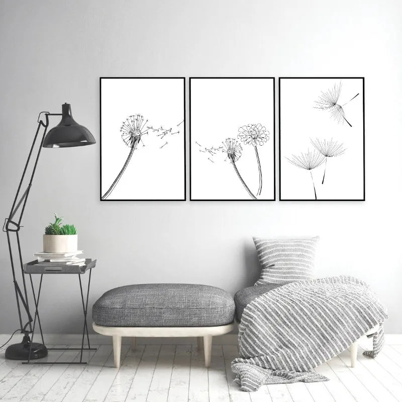 Dandelion Bathroom Black and White Floral Posters Prints Neutral Wall Art Botanical Canvas Painting Living Home Bedroom Decor Home Fusion