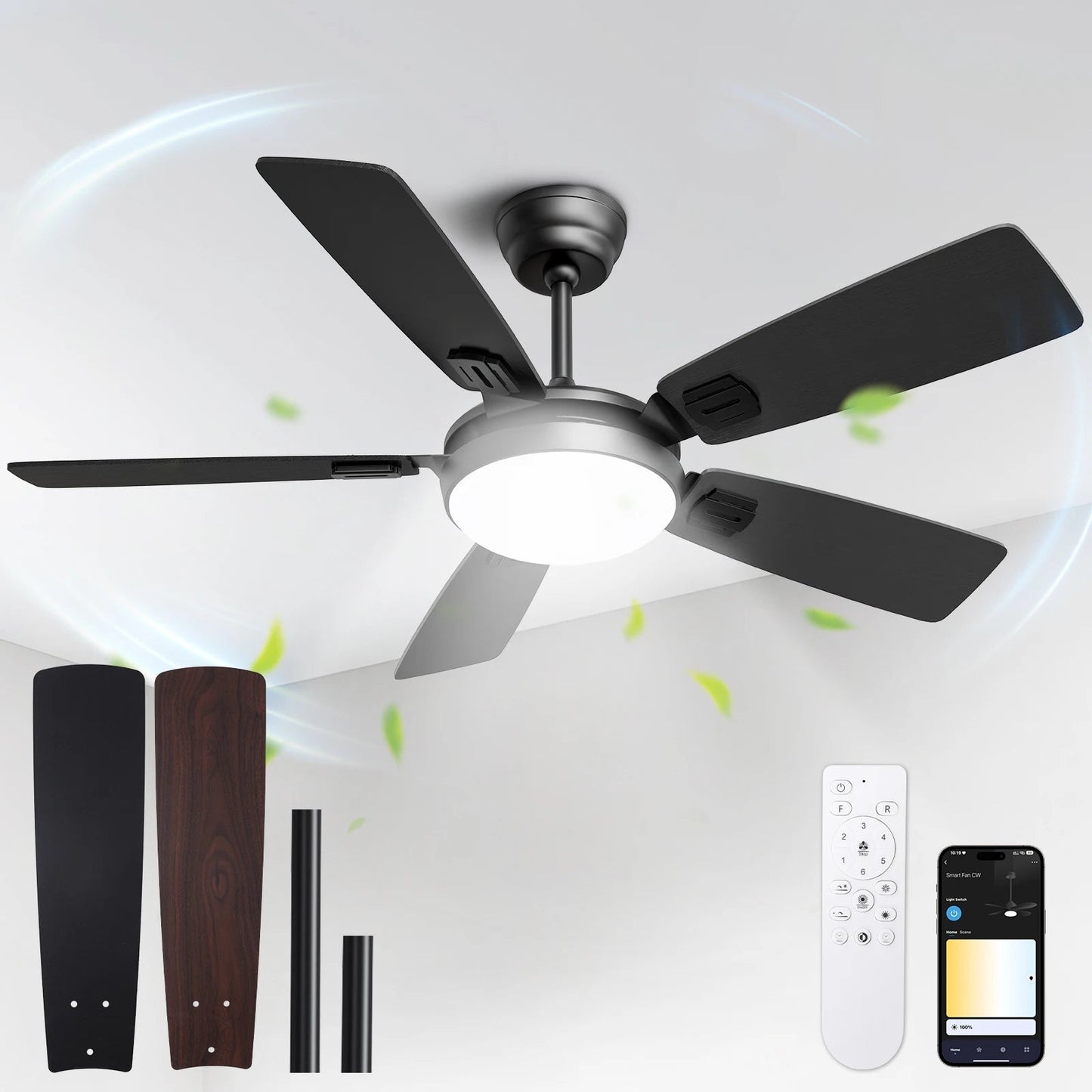 Modern Minimalist 5-Blade Ceiling Fan Light 42 /52 Black/White/Wood Grain Dimmable with Doodle App Ceiling Fan Light Home Fusion