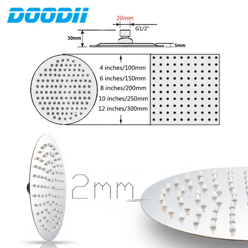 DOODII Removable Shower Heads Stainless Steel Square Round Rainfall Shower Head High Pressure Handheld Bathroom Accessories Home Fusion