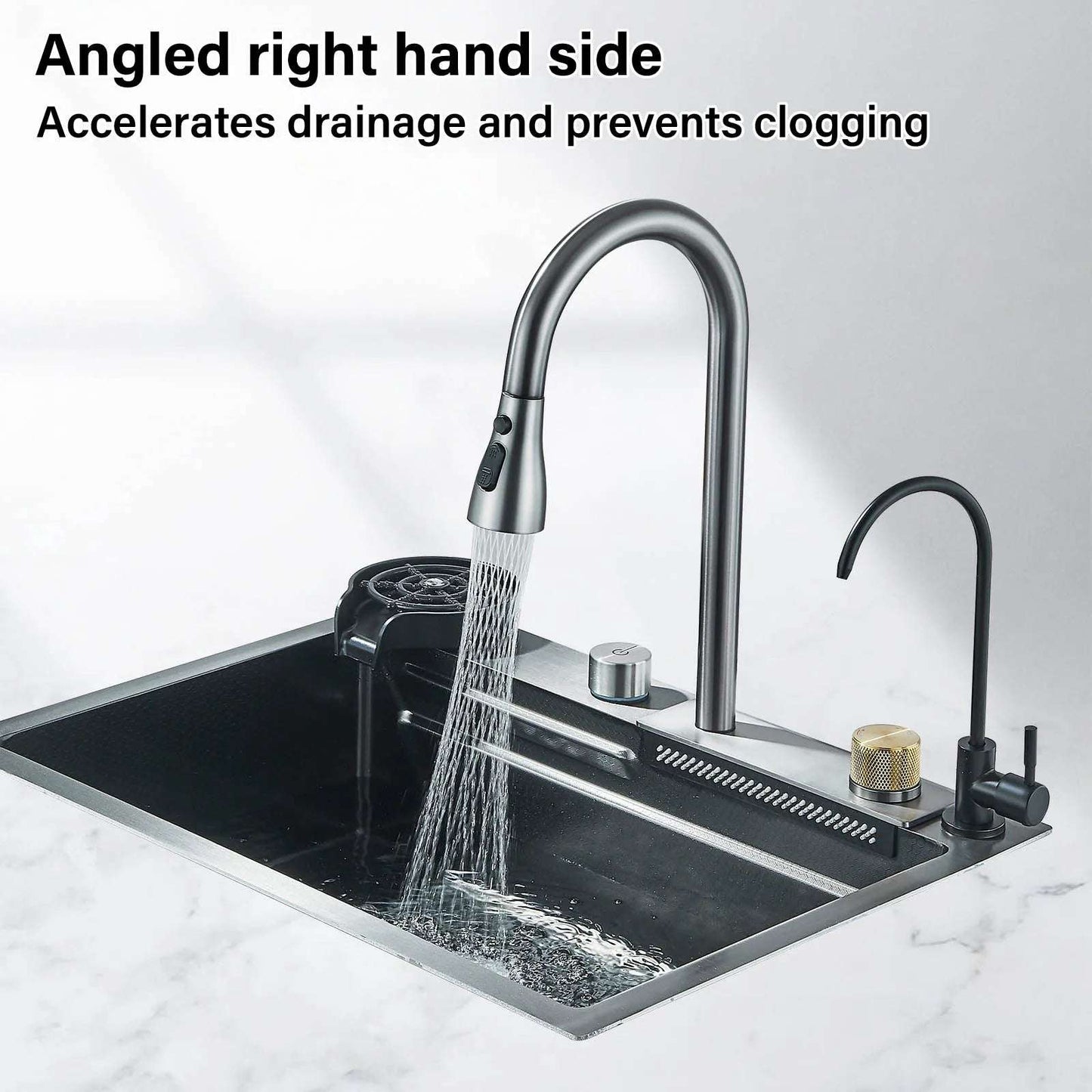 304 Stainless Steel Waterfall Kitchen Sink Sink Large Single basin With Large Single Slot Sink Above Counter With Cup Disher - Home Fusion