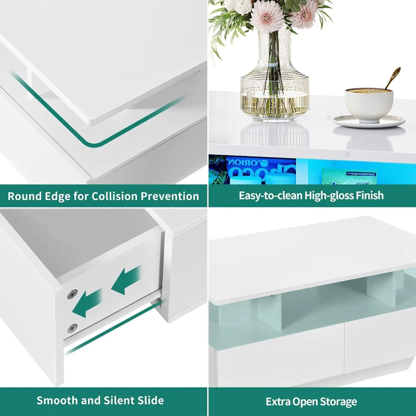 YITAHOME LED Coffee Table with Storage, High Glossy LED Coffee Tables for Living Room, Small Center Table with Open Display Shel Home Fusion