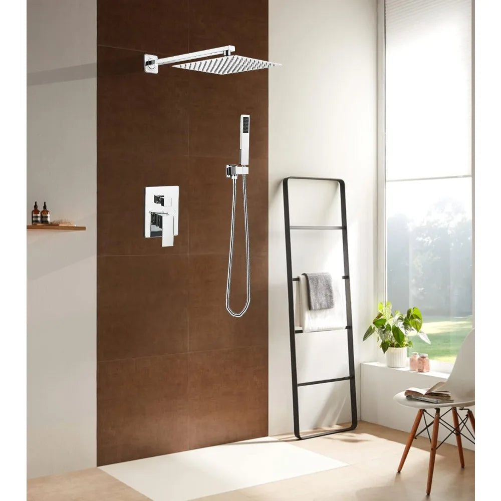 JingGang Polished Chrome Shower System 10 Inch Bathroom Luxury Rain Mixer Shower Combo Set Wall Mounted Rainfall Shower Home Fusion