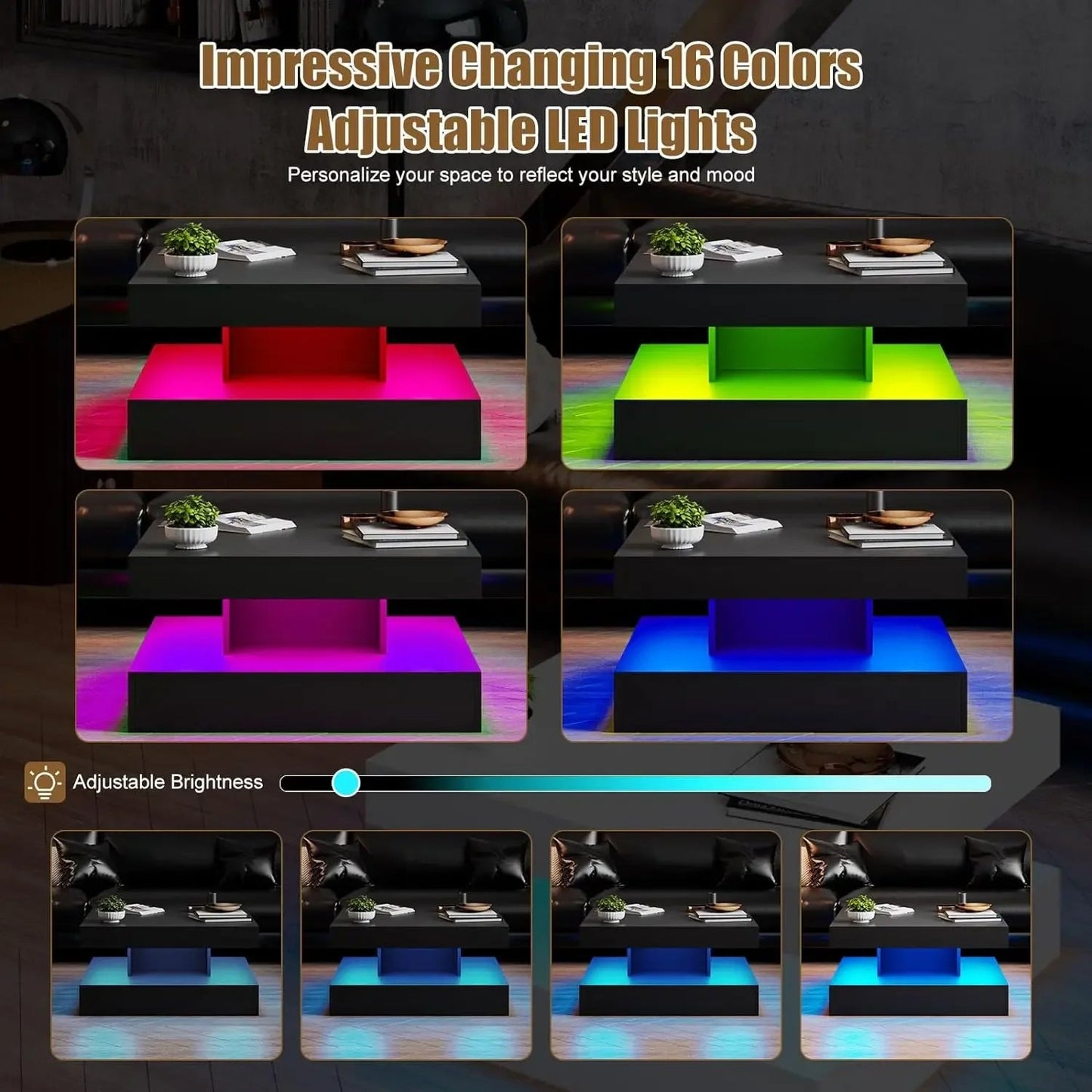 Black LED Coffee Table with Storage for Living Room Modern Smart Tall Square Center Table 2 Tier Display Shelf 20 Colors Light Home Fusion