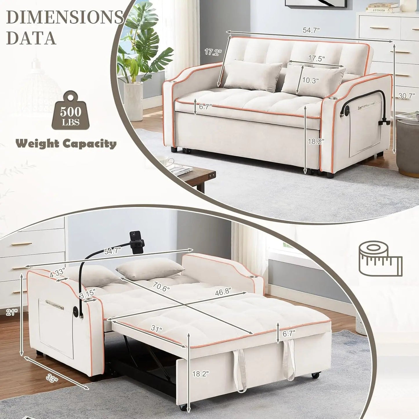 Velvet Convertible Couch Bed-Sofa: Charge, Relax, Sleep. Home Fusion