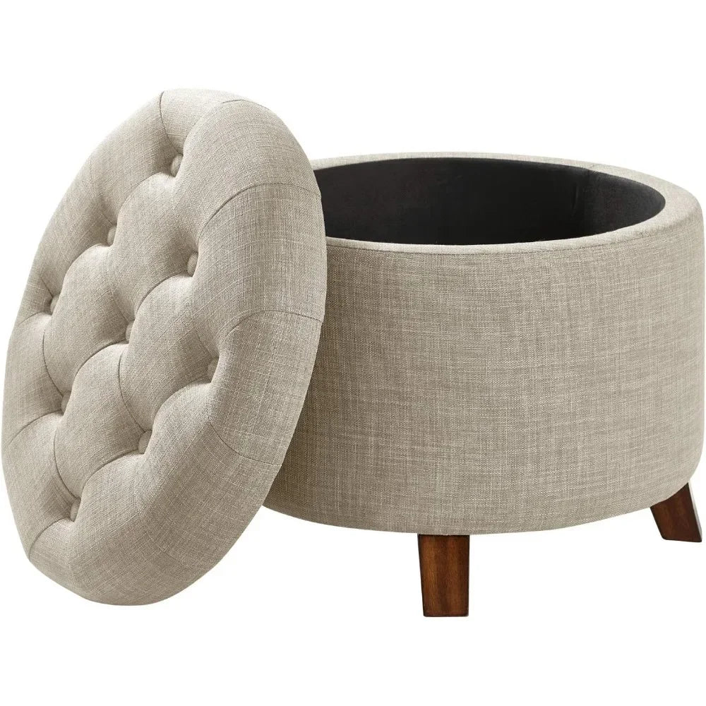 Upholstered Tufted Storage Round Ottomans, Burlap Beige, 20"W x 20"D x 17"H Footstool for Living Room,Bedroom,Office Ottoman