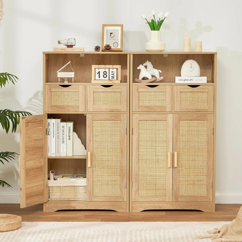 Iwell Storage Cabinet, Rattan Cabinet with 2 Drawers and Adjustable Shelves, Cupboard, Floor Cabinet with Doors for Living Room Home Fusion