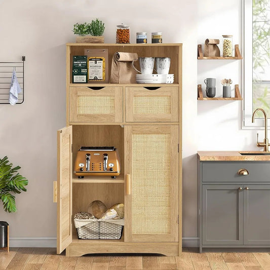 Iwell Storage Cabinet, Rattan Cabinet with 2 Drawers and Adjustable Shelves, Cupboard, Floor Cabinet with Doors for Living Room Home Fusion