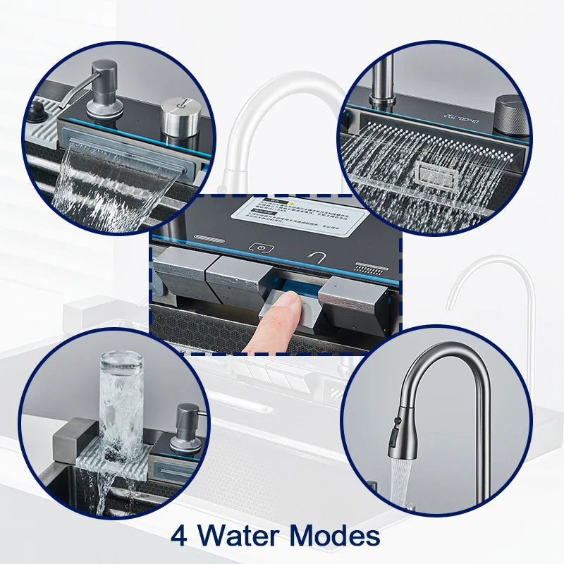 Stainless Steel Kitchen Sink with Faucet Digital Display Large Single Bowl Waterfall Rain 5 Functions System Dish Basin Sink Home Fusion