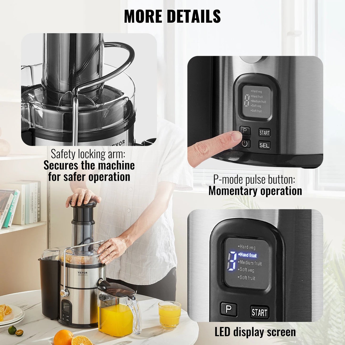 VEVOR Juicer Machine 850W Motor Centrifugal Juice Extractor Easy Clean Centrifugal Big Mouth Large for Fruits and Vegetables Home Fusion