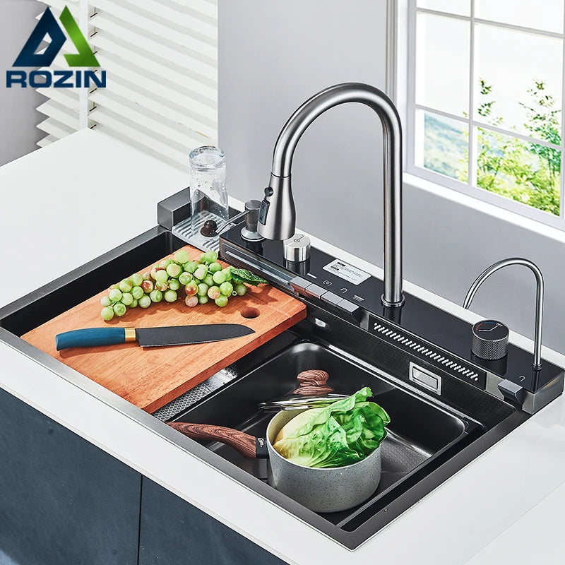 Stainless Steel Kitchen Sink with Faucet Digital Display Large Single Bowl Waterfall Rain 5 Functions System Dish Basin Sink