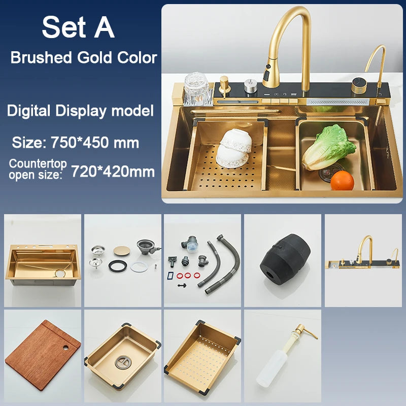 Stainless Steel Kitchen Sink with Faucet Digital Display Large Single Bowl Waterfall Rain 5 Functions System Dish Basin Sink Home Fusion