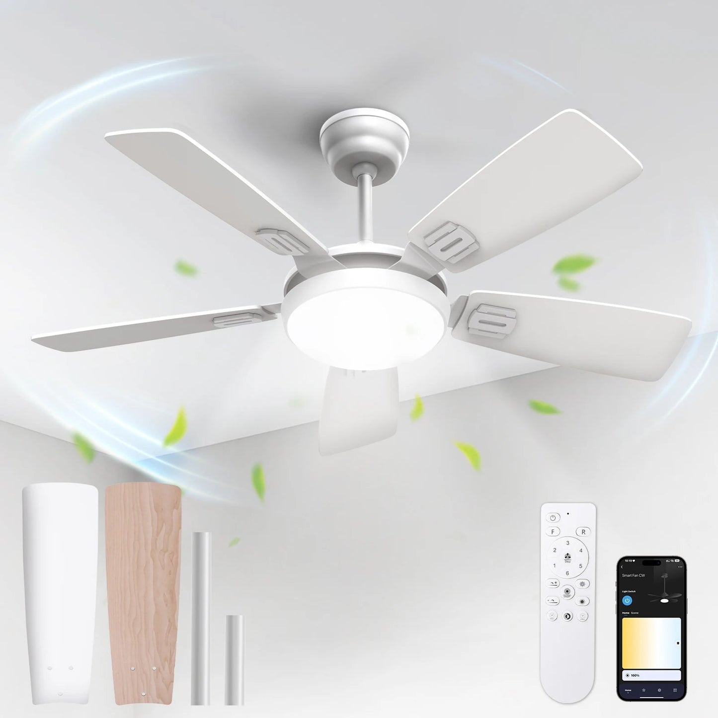 Modern Minimalist 5-Blade Ceiling Fan Light 42 /52 Black/White/Wood Grain Dimmable with Doodle App Ceiling Fan Light Home Fusion