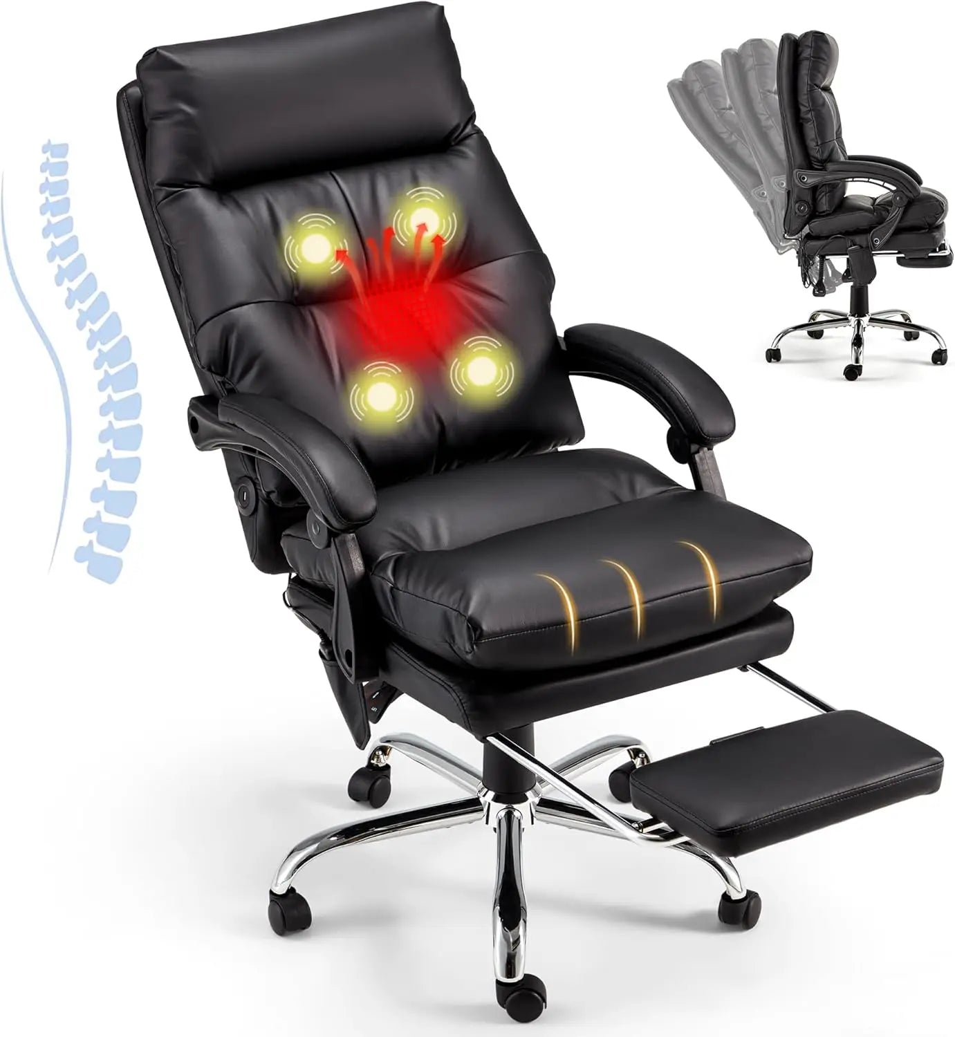 Executive Office Chair, PU Leather Reclining Office Chair with USB and Massage, Heated Office Chair with Footrest Home Fusion