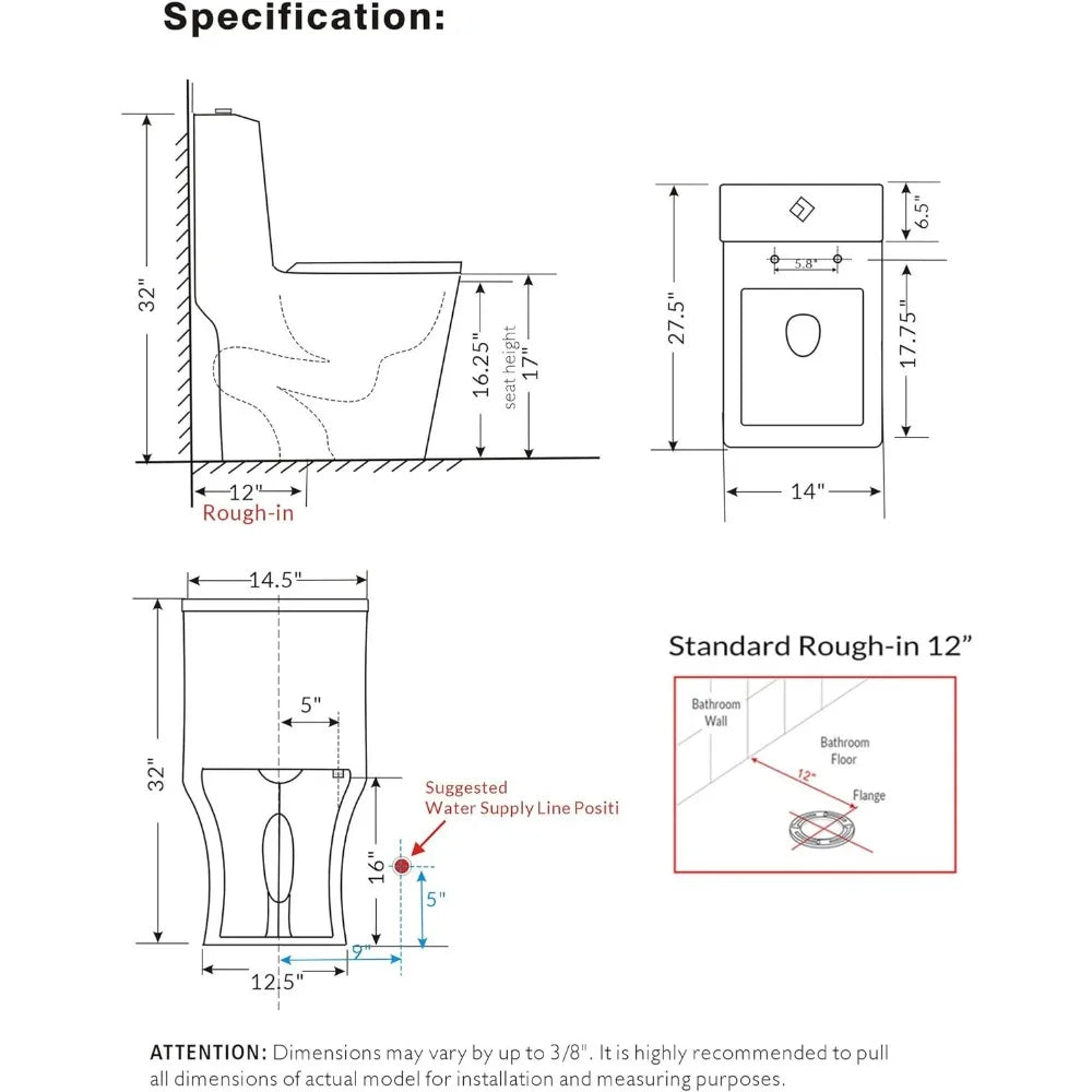 Square One Piece Toilet Black With Gold Button For Modern Bathroom,Diamond-shaped Sleek Design Elonagted Rectangle Glossy Black Home Fusion
