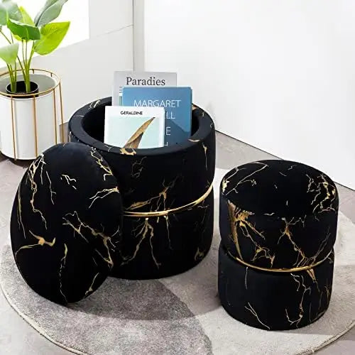 Round Black Velvet Ottoman , Modern Upholstered Vanity Ottoman Footrest Stool Indoor Ottoman for Entryway Living Room Bedroom D