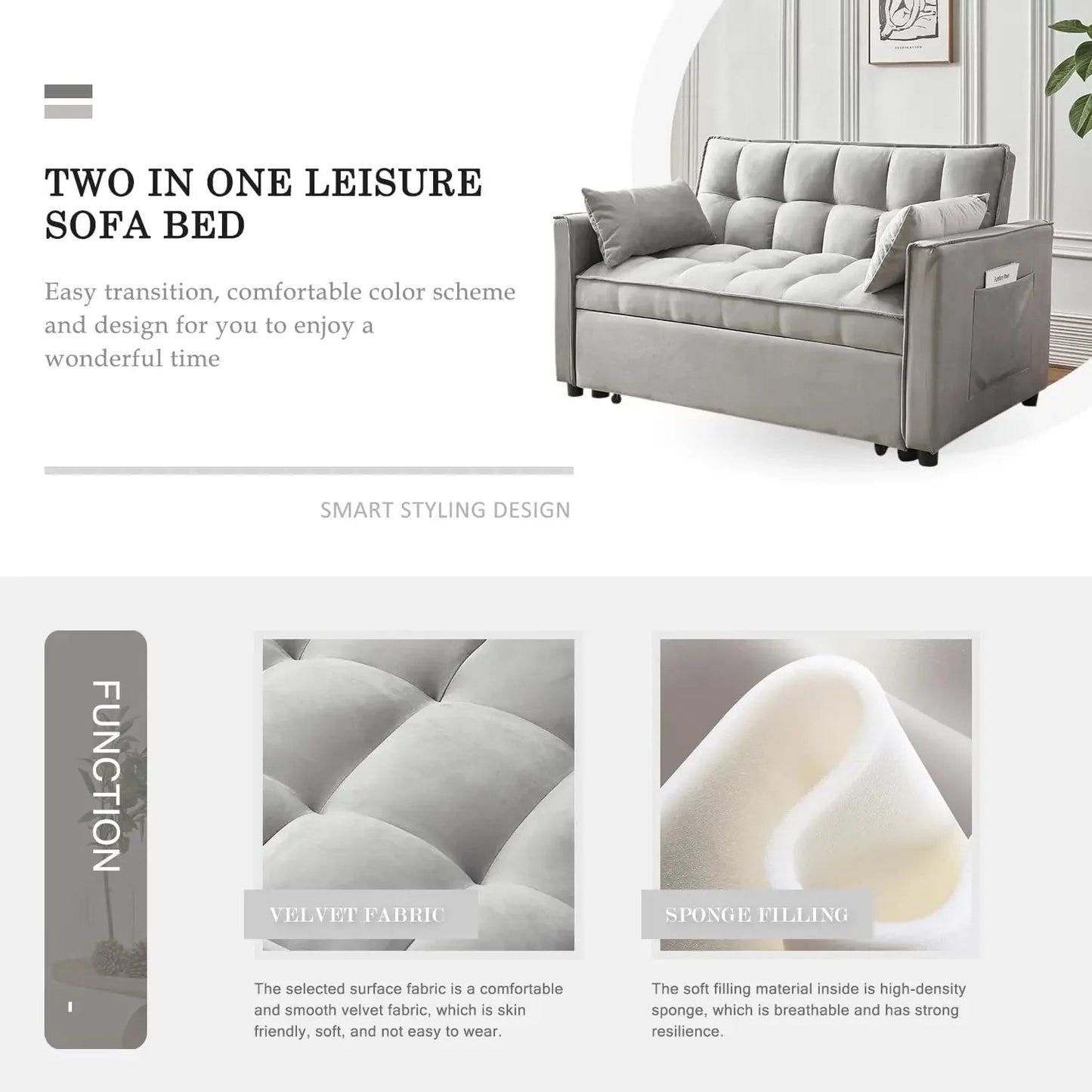 Convertible Sleeper Sofa Bed | Modern Pullout Couch with Adjustable Backrest | Loveseat Futon Home Fusion