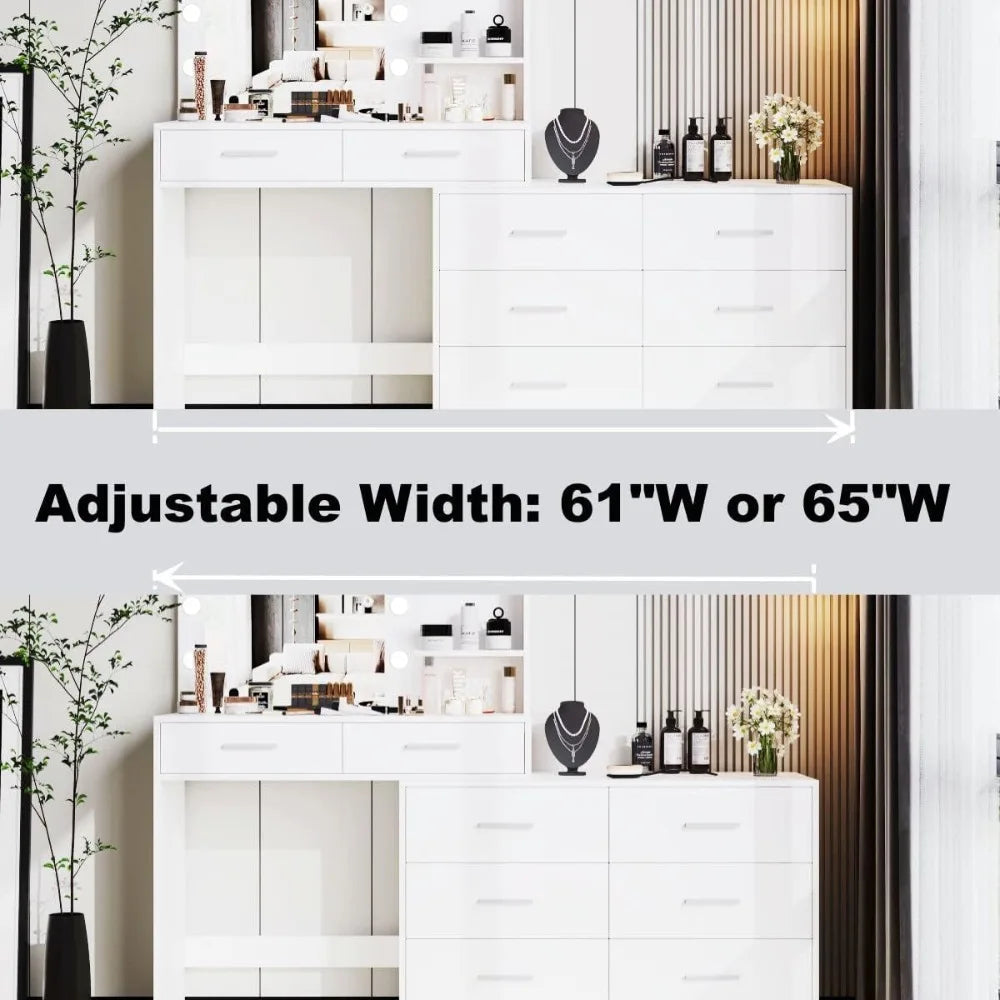 Rovaurx 65" W Makeup Vanity Desk with Mirror and 3-Color Lights, 8 Drawers Vanity Table with Side Storage Shelf, Dressing Table, Home Fusion