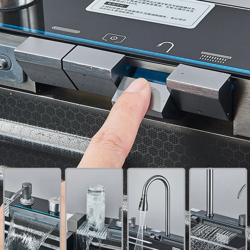 Stainless Steel Kitchen Sink with Faucet Digital Display Large Single Bowl Waterfall Rain 5 Functions System Dish Basin Sink Home Fusion