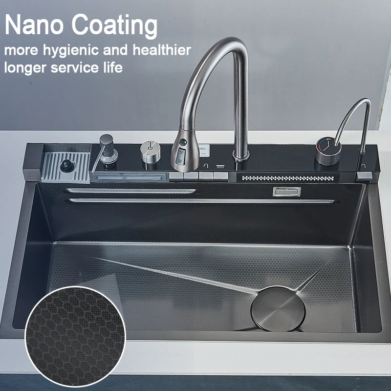 Stainless Steel Kitchen Sink with Faucet Digital Display Large Single Bowl Waterfall Rain 5 Functions System Dish Basin Sink Home Fusion