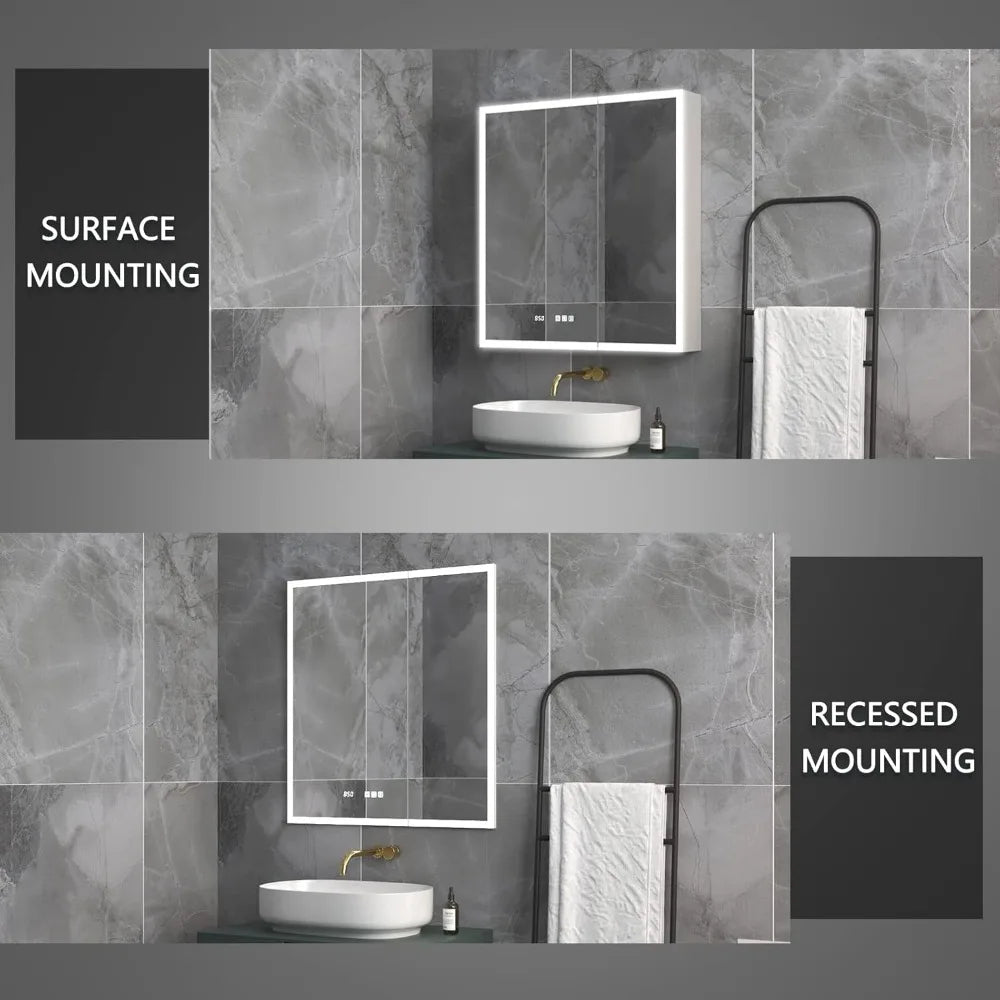 Lighted Medicine Cabinet 30x32 Inch,Recessed or Surface led Medicine Cabinet, Clock&Room Temp Display,Defog,Stepless Dimming Home Fusion