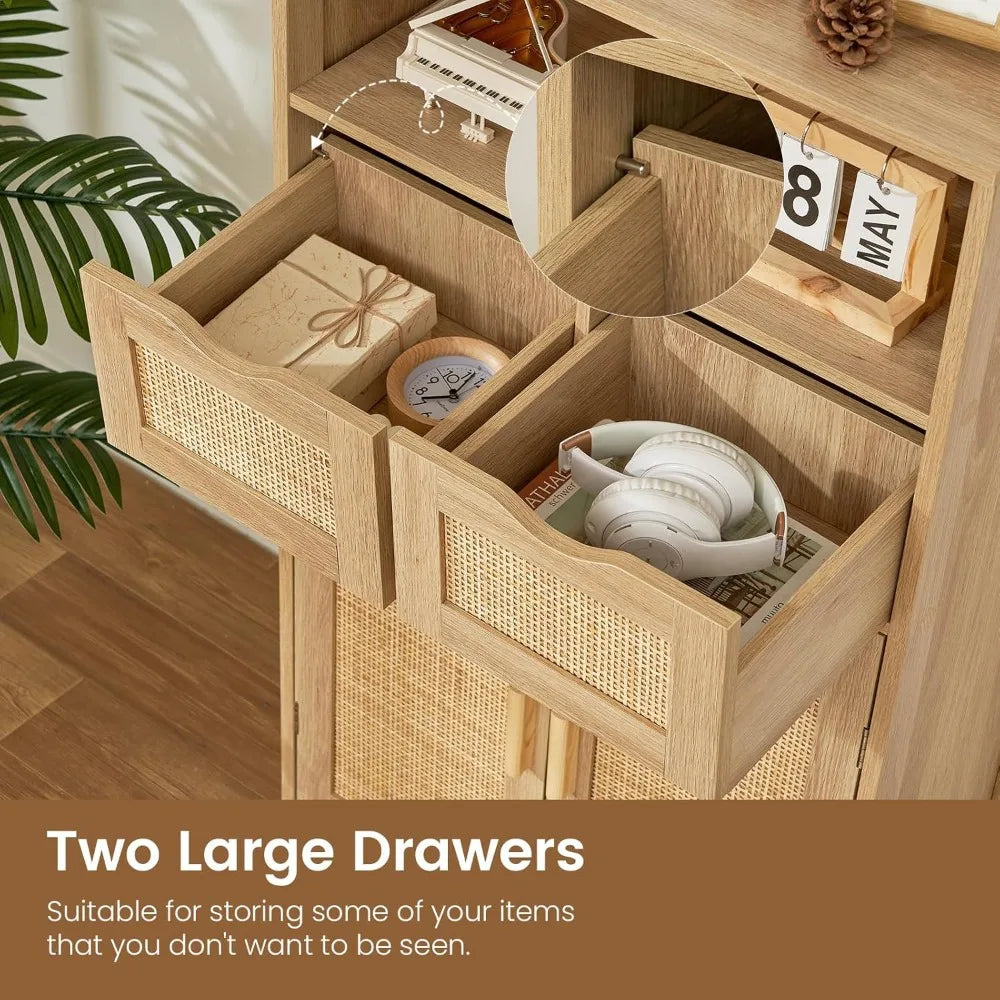 Iwell Storage Cabinet, Rattan Cabinet with 2 Drawers and Adjustable Shelves, Cupboard, Floor Cabinet with Doors for Living Room Home Fusion