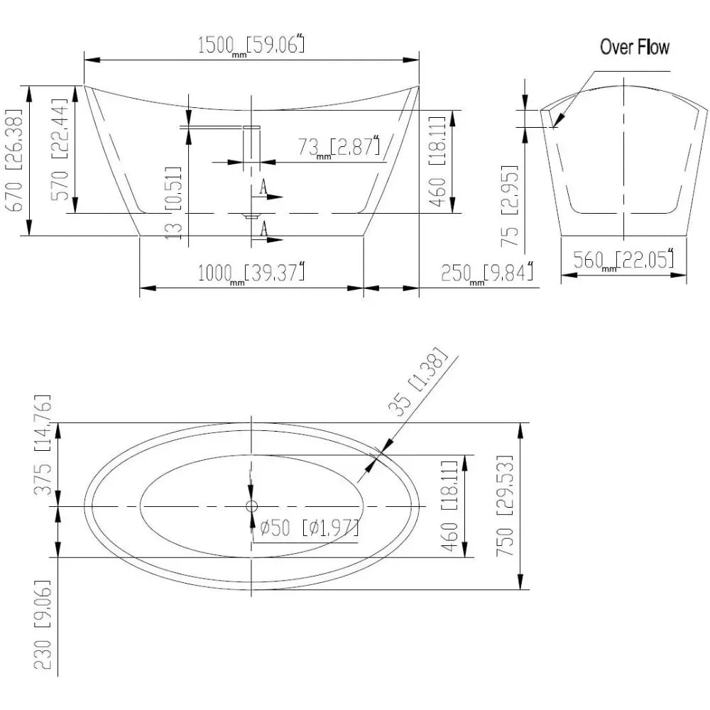 Bathtub, 59-inch, Acrylic Freestanding, Deep Soaking Tub with Overflow and Drain, Spa Tubs, Freestanding Tub Home Fusion