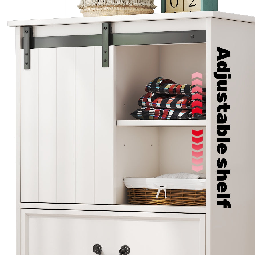 Farmhouse Drawer Chest with Sliding Door, Multi-Storage Drawer Dresser with 5 Drawers and Storage Shelf, Tall Chest of Drawers with Adjustable Shelves for Bedroom, Living room