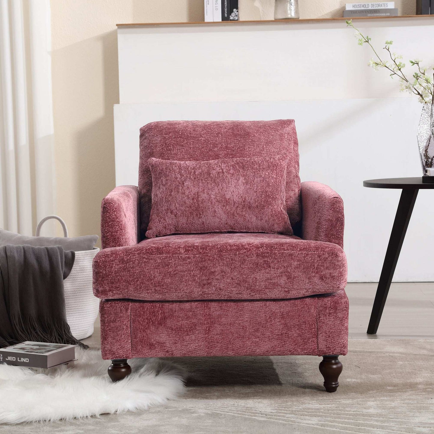 COOLMORE Wood Frame Armchair, Modern Accent Chair Lounge Chair for Living Room,Tufted Club Chair, Mid Century Modern Arm Chairs with Studded, Solid Wood Frame, for Bedroom, Reading(Wine red Chenille)