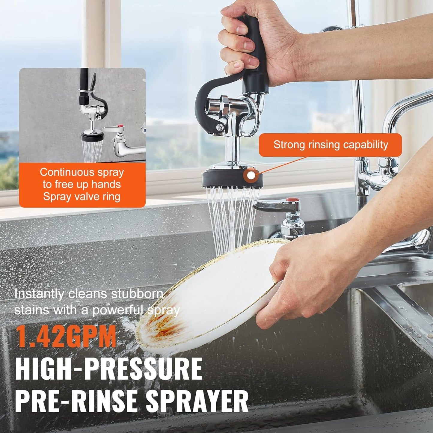 Person using a high-pressure pre-rinse sprayer to clean a dish in a kitchen sink.