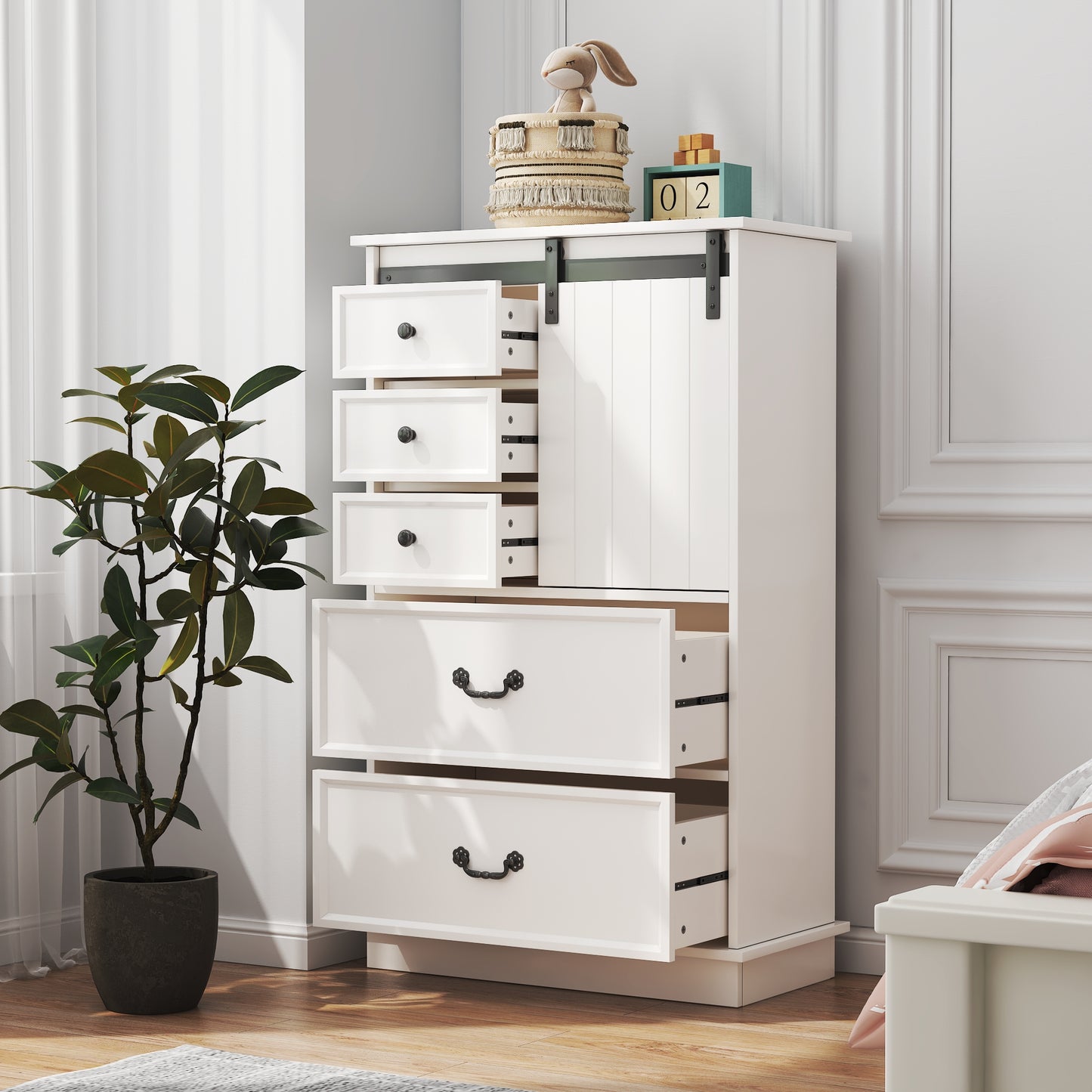 Farmhouse Drawer Chest with Sliding Door, Multi-Storage Drawer Dresser with 5 Drawers and Storage Shelf, Tall Chest of Drawers with Adjustable Shelves for Bedroom, Living room