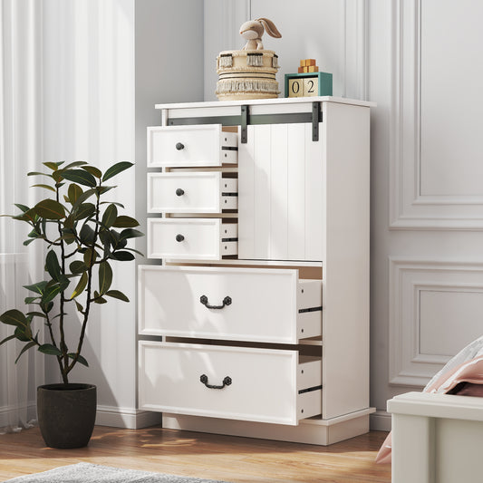 Farmhouse Drawer Chest with Sliding Door, Multi-Storage Drawer Dresser with 5 Drawers and Storage Shelf, Tall Chest of Drawers with Adjustable Shelves for Bedroom, Living room