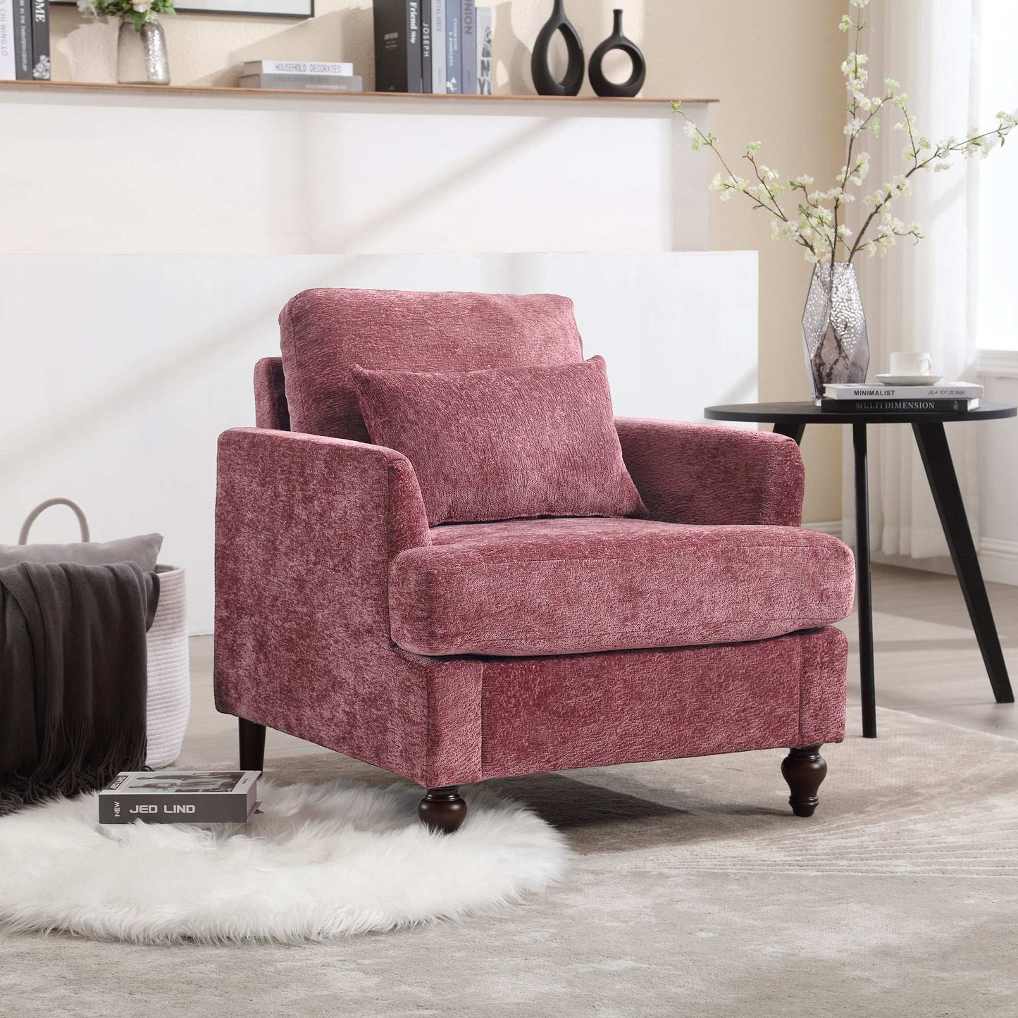 COOLMORE Wood Frame Armchair, Modern Accent Chair Lounge Chair for Living Room,Tufted Club Chair, Mid Century Modern Arm Chairs with Studded, Solid Wood Frame, for Bedroom, Reading(Wine red Chenille)