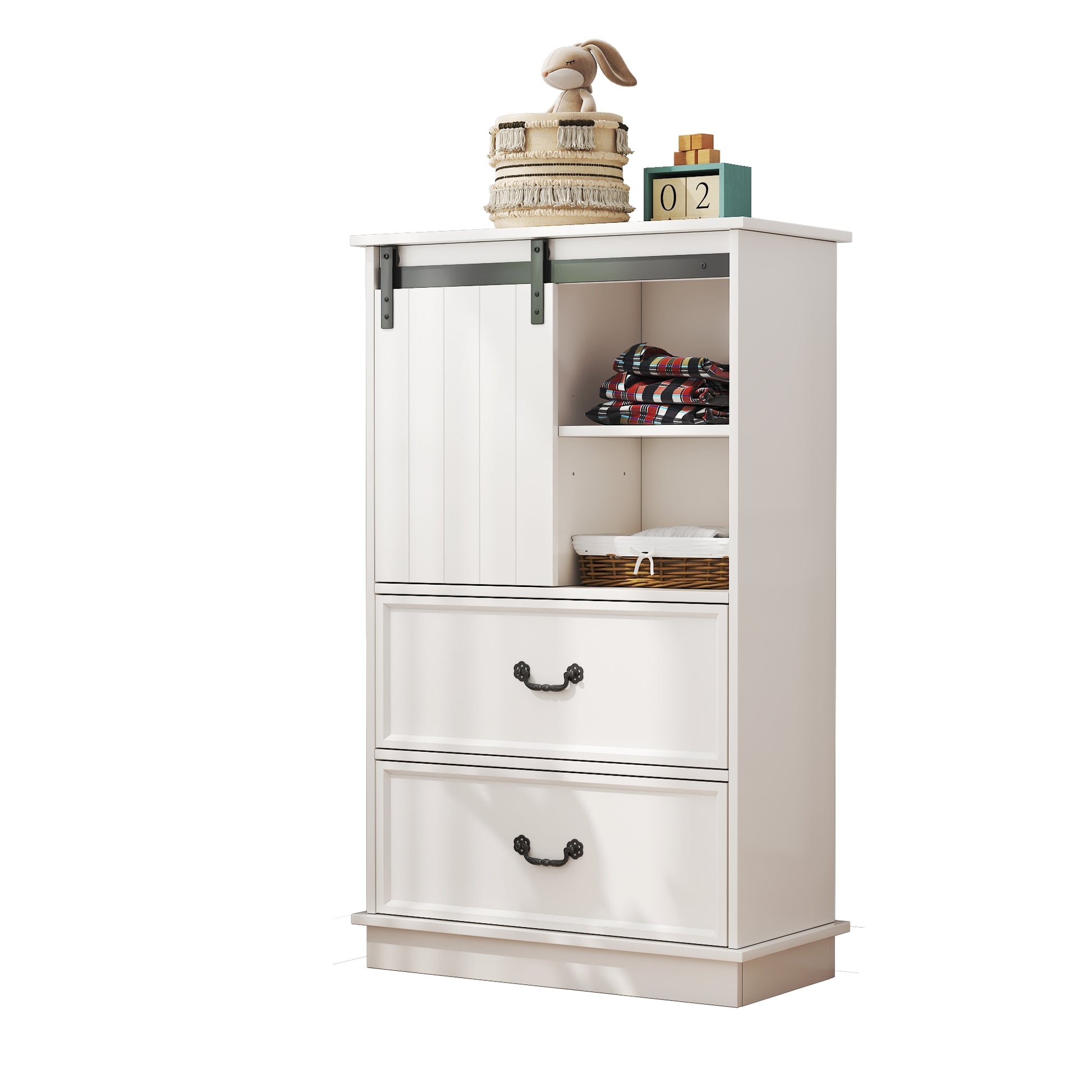 Farmhouse Drawer Chest with Sliding Door, Multi-Storage Drawer Dresser with 5 Drawers and Storage Shelf, Tall Chest of Drawers with Adjustable Shelves for Bedroom, Living room