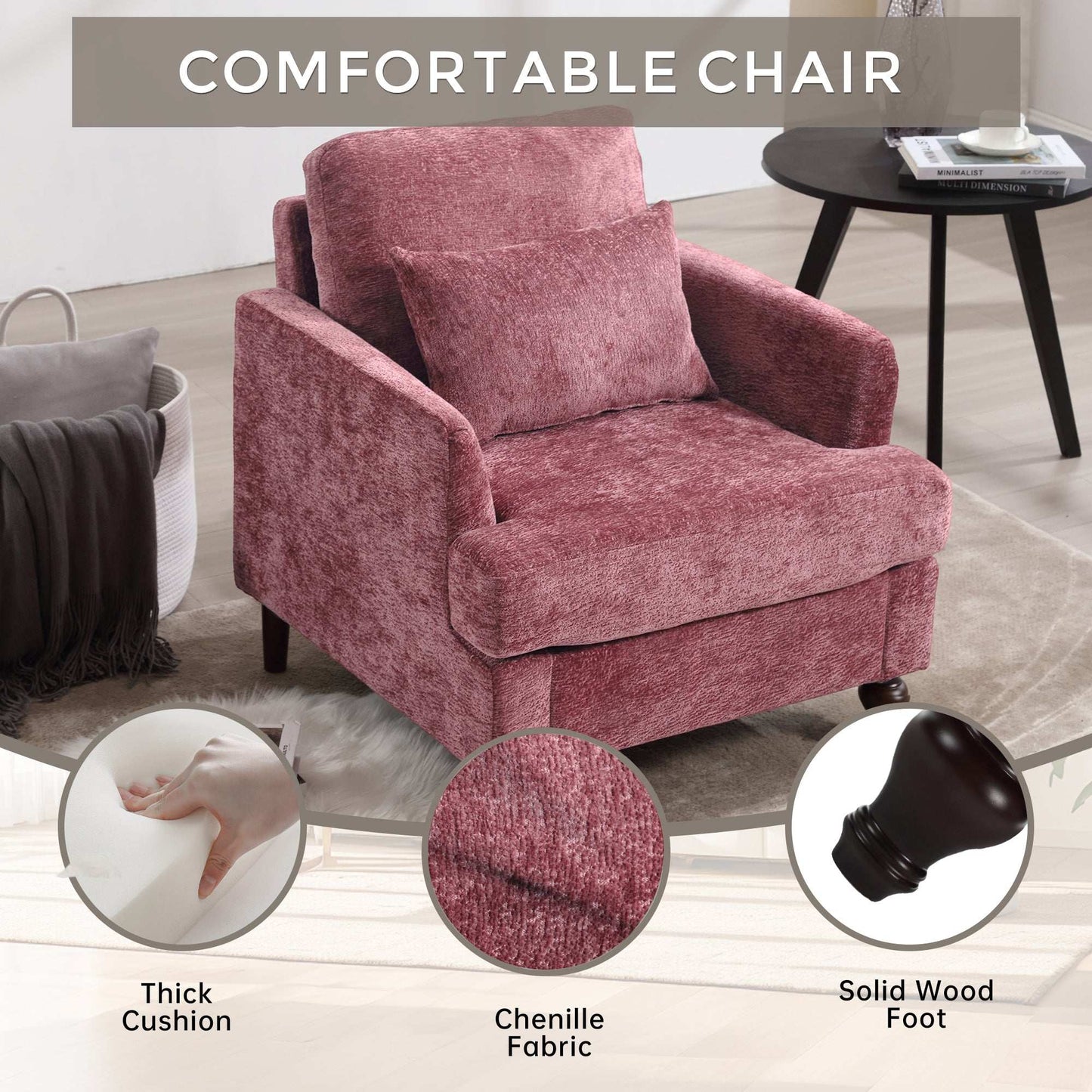 COOLMORE Wood Frame Armchair, Modern Accent Chair Lounge Chair for Living Room,Tufted Club Chair, Mid Century Modern Arm Chairs with Studded, Solid Wood Frame, for Bedroom, Reading(Wine red Chenille)