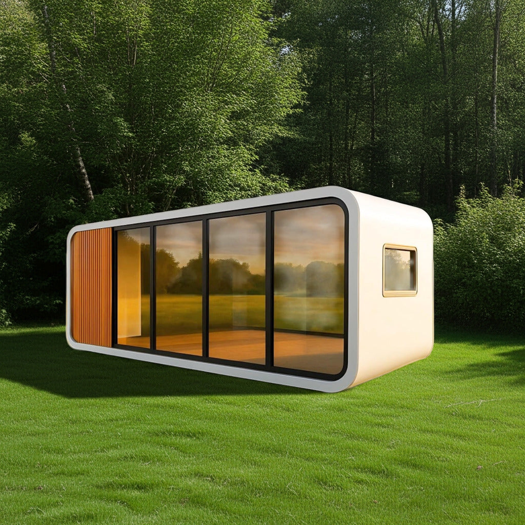 Modern Prefabricated Container House, 160 Sq Ft, White Exterior, Glass Wall Design, Modular Living Space with Air Conditioning, Contemporary Style Home Fusion