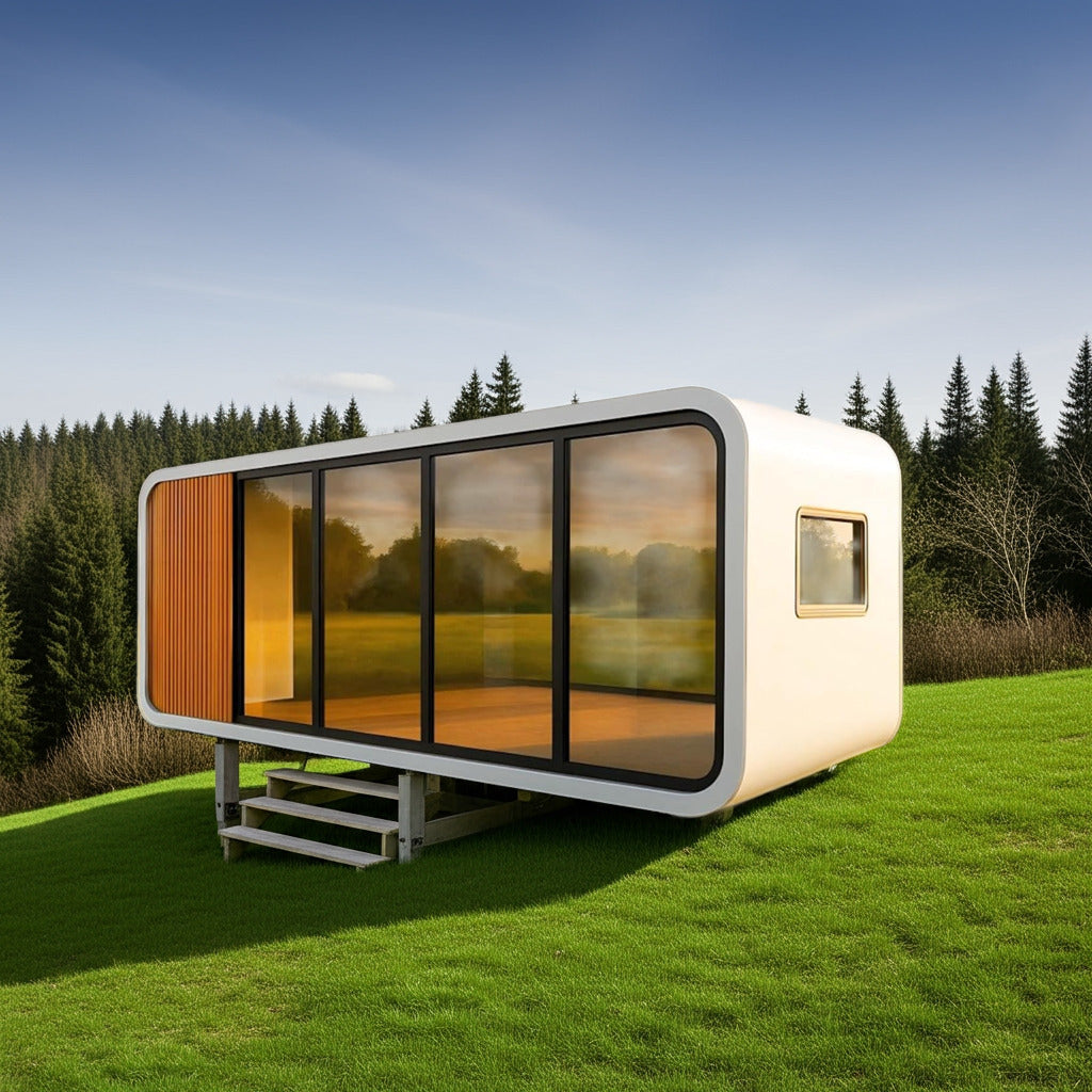 Modern Prefabricated Container House, 160 Sq Ft, White Exterior, Glass Wall Design, Modular Living Space with Air Conditioning, Contemporary Style Home Fusion