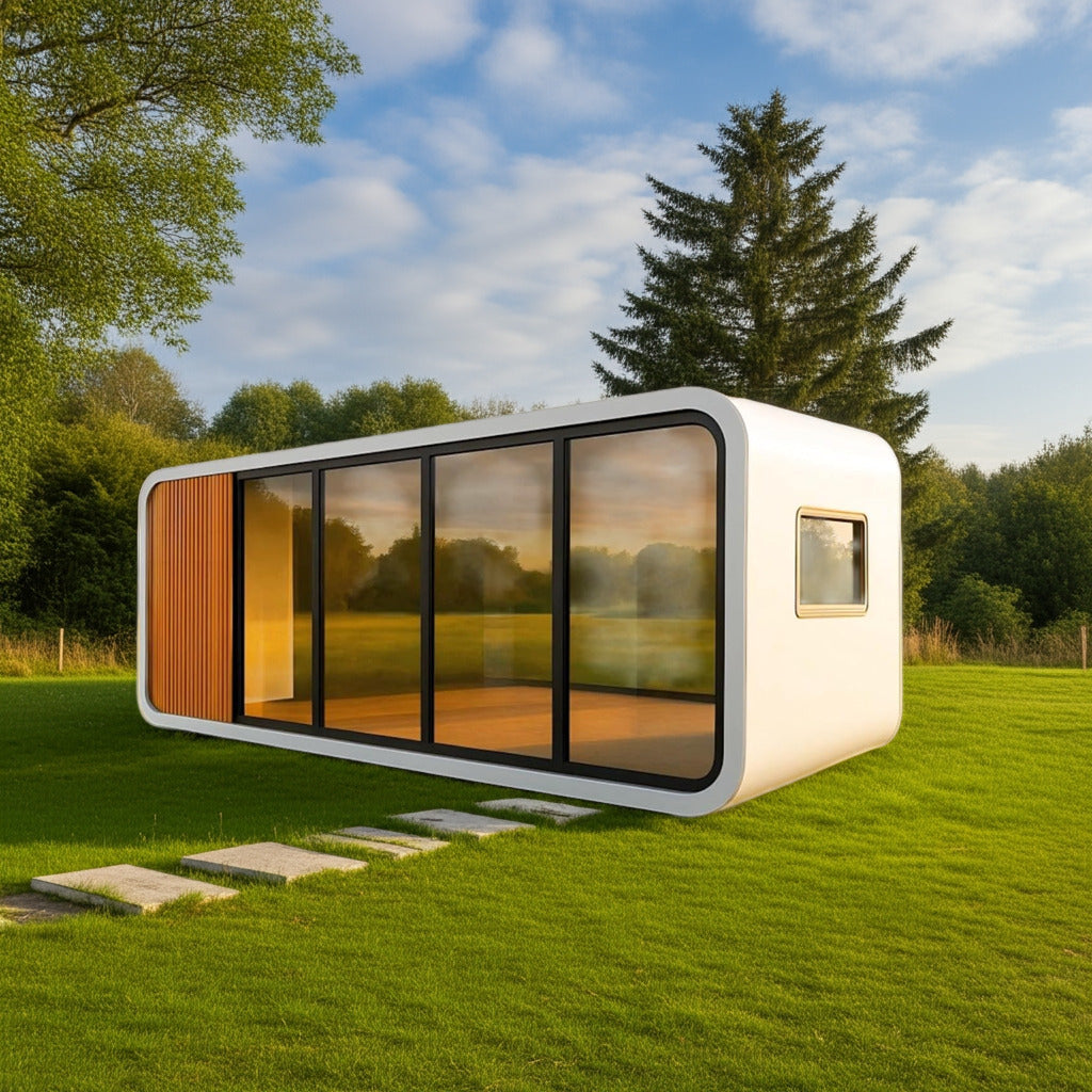 Modern Prefabricated Container House, 160 Sq Ft, White Exterior, Glass Wall Design, Modular Living Space with Air Conditioning, Contemporary Style Home Fusion