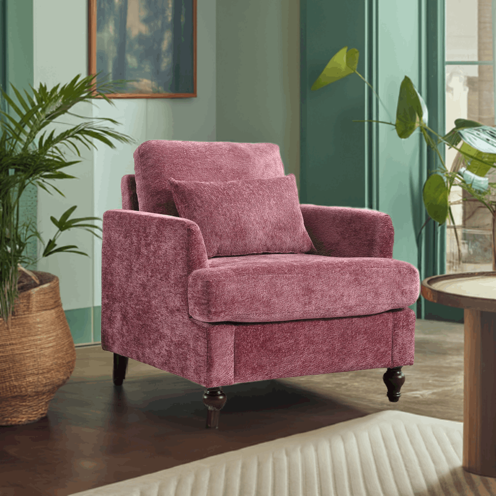COOLMORE Wood Frame Armchair, Modern Accent Chair Lounge Chair for Living Room,Tufted Club Chair, Mid Century Modern Arm Chairs with Studded, Solid Wood Frame, for Bedroom, Reading(Wine red Chenille) - Home Fusion