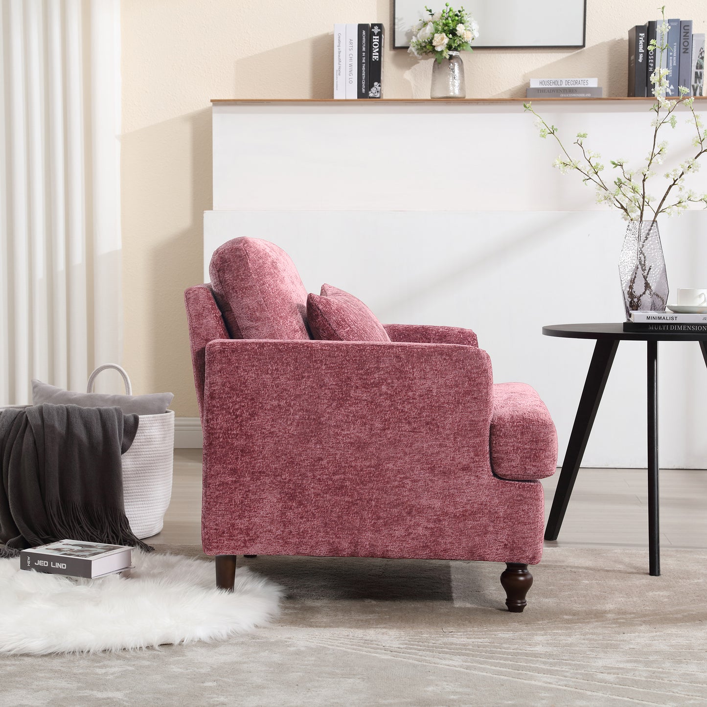 COOLMORE Wood Frame Armchair, Modern Accent Chair Lounge Chair for Living Room,Tufted Club Chair, Mid Century Modern Arm Chairs with Studded, Solid Wood Frame, for Bedroom, Reading(Wine red Chenille)