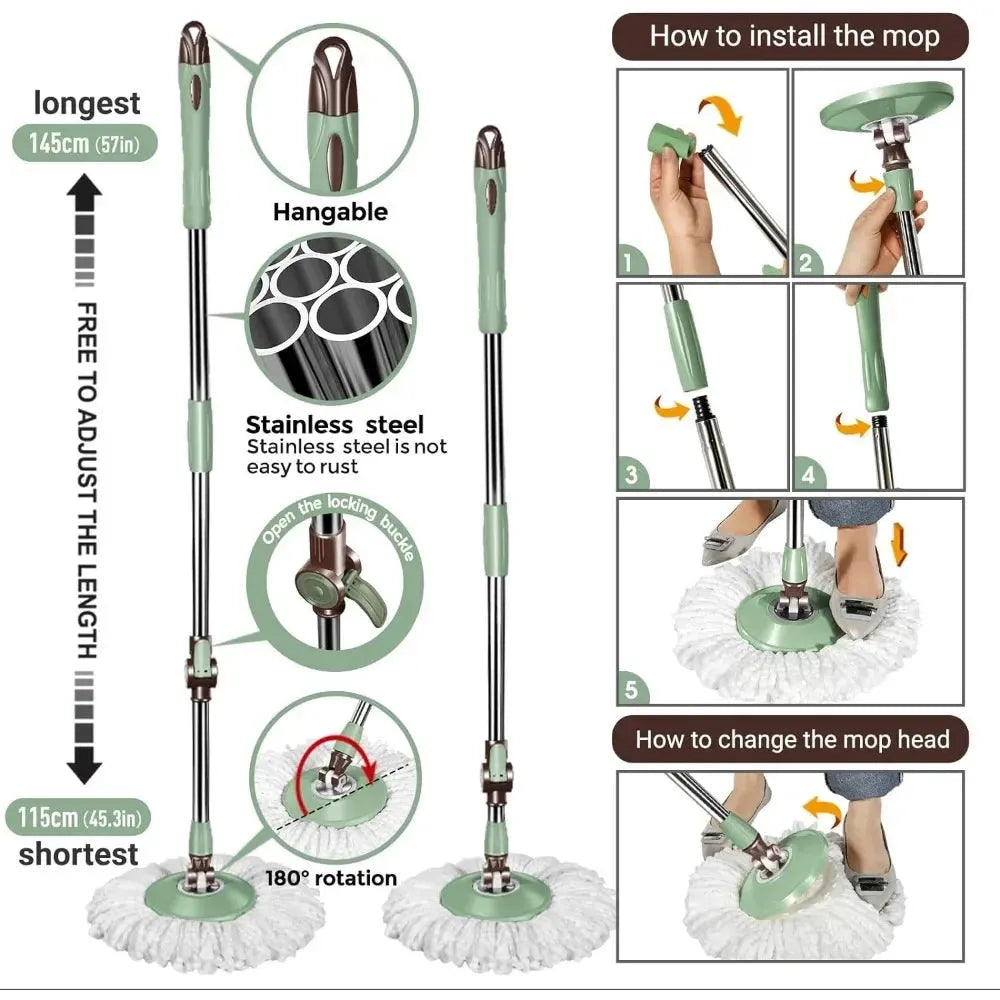 Spin Mop and Bucket with Wringer Set, Floor Cleaning System with Foot Pedal, Easy Wring, Adjustable Handle - Home Fusion