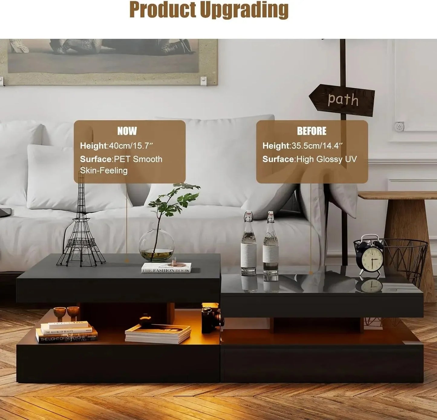 Black LED Coffee Table with Storage for Living Room Modern Smart Tall Square Center Table 2 Tier Display Shelf 20 Colors Light - Home Fusion