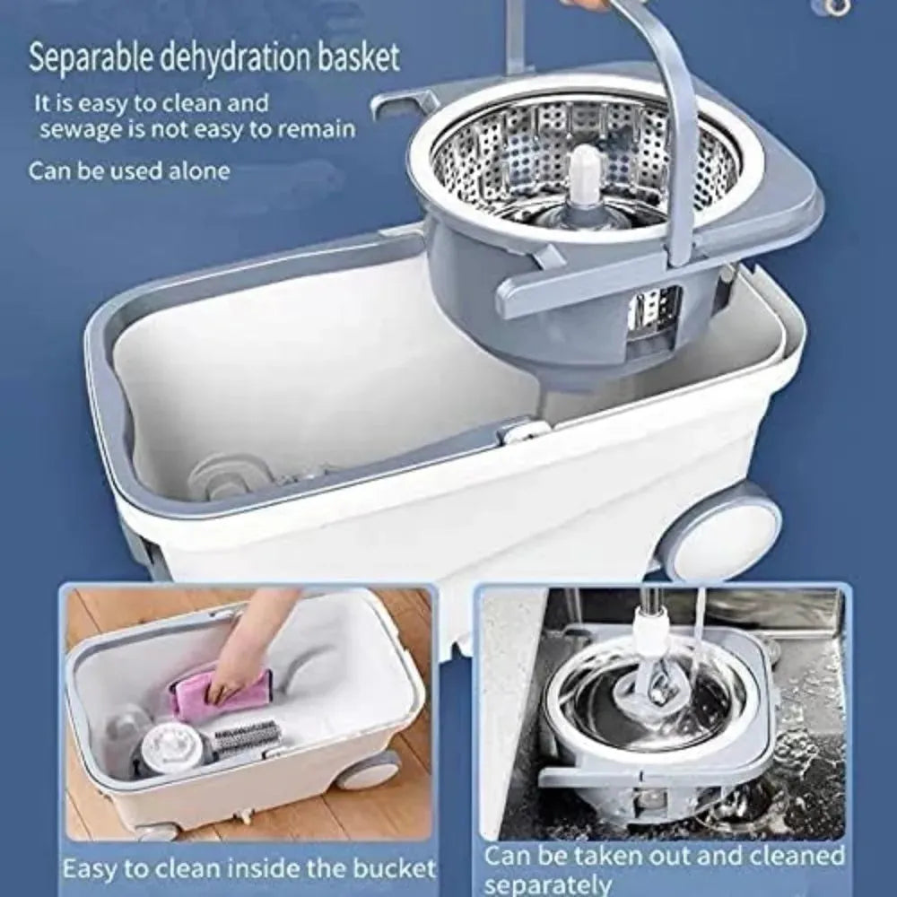 Spin Mop Bucket Deluxe 360 Spinning Floor Cleaning System with 6 Microfiber Replacement Head Refills,62" Extended Handle - Home Fusion