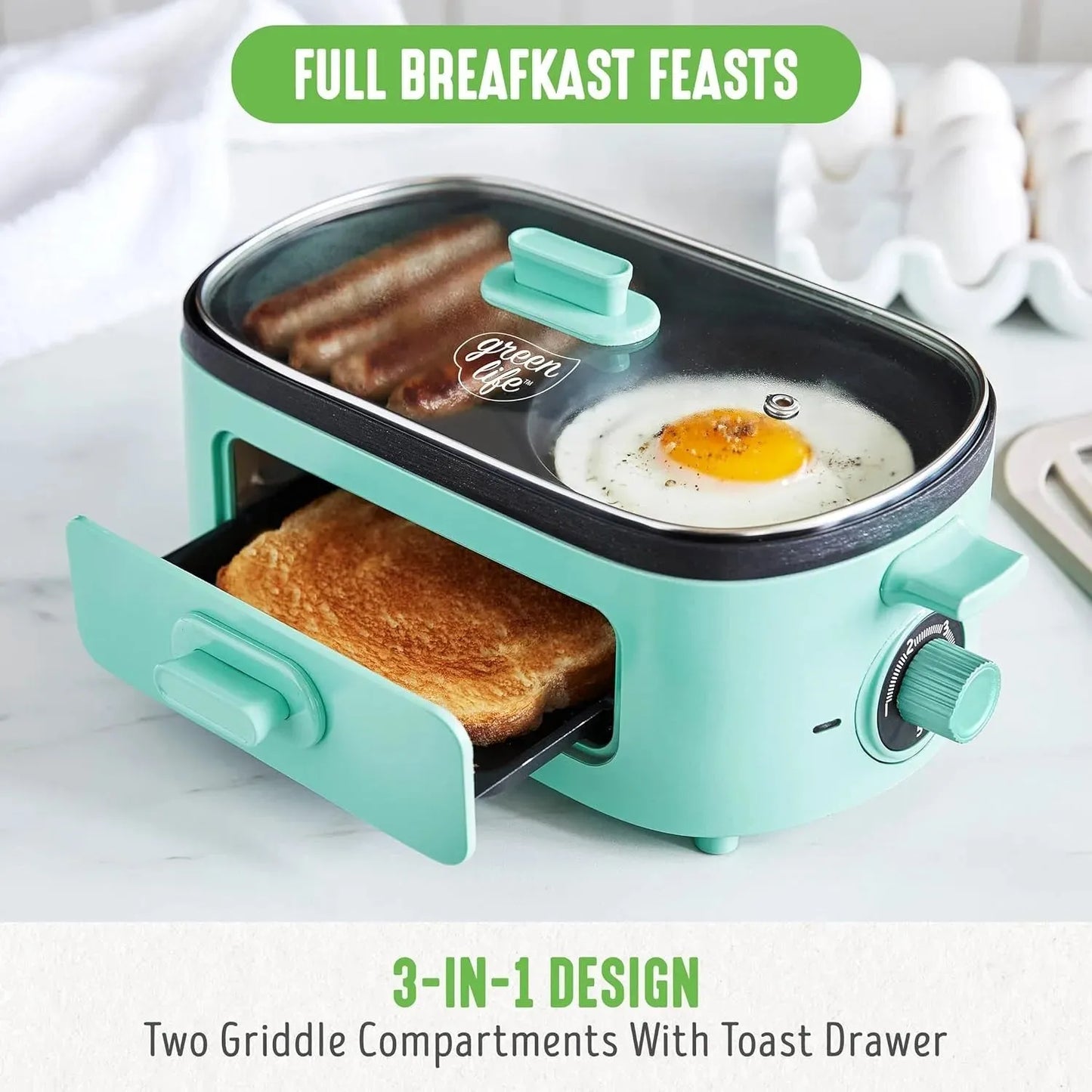 3-in-1 Breakfast Maker Station, Ceramic Nonstick Dual Griddles & Breakfast Sandwiches, 2 Slice Toast Drawer, Turquoise - Home Fusion