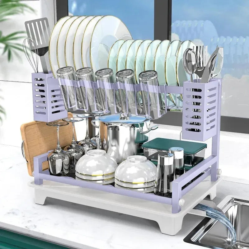 Dish Drying Rack for Kitchen Counter with Drainboard & Utensil Holders - Home Fusion