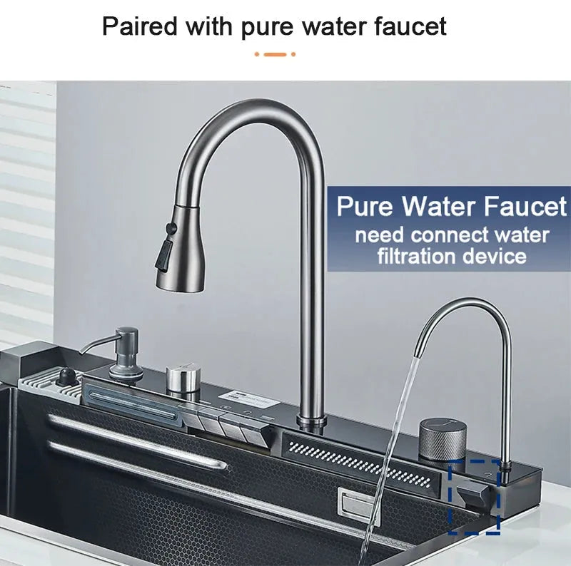 Stainless Steel Kitchen Sink with Faucet Digital Display Large Single Bowl Waterfall Rain 5 Functions System Dish Basin Sink - Home Fusion
