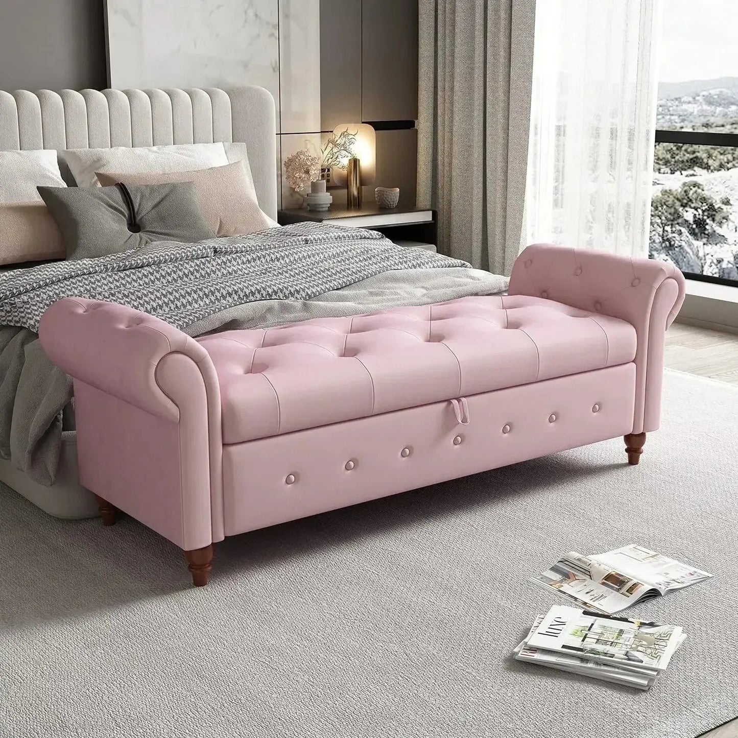 Storage Ottoman Bench, End of Bed Button Tufted Ottoman Bench, Rolled Armed Ottoman Couch Long Bench for Bedroom, Living Room - Home Fusion