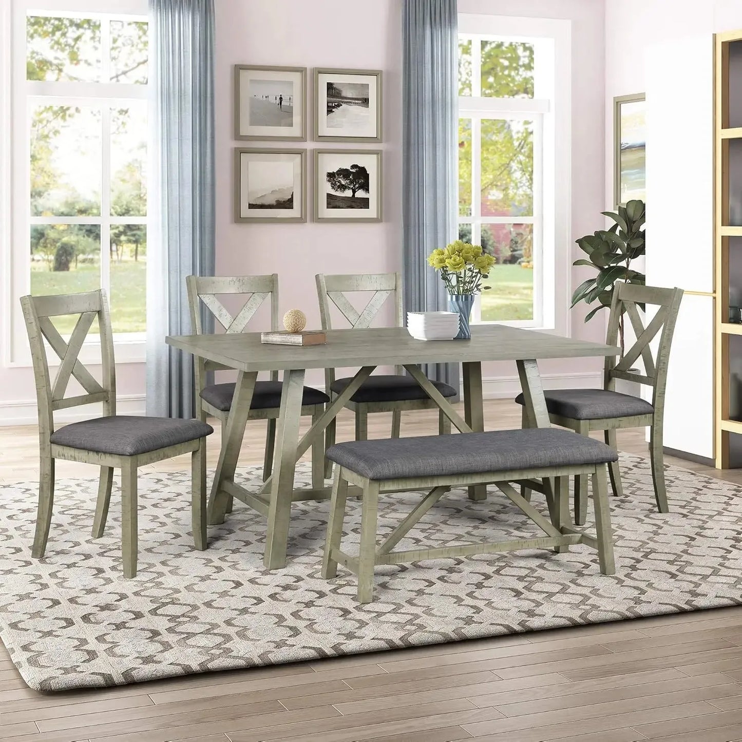 6 Pieces Dining Table Set with Bench. - Home Fusion